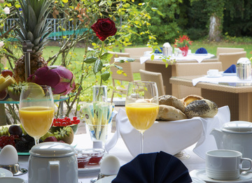 Genießen Sie unser umfangreiches Frühstücksbuffet, im Sommer auch auf unserer Terasse